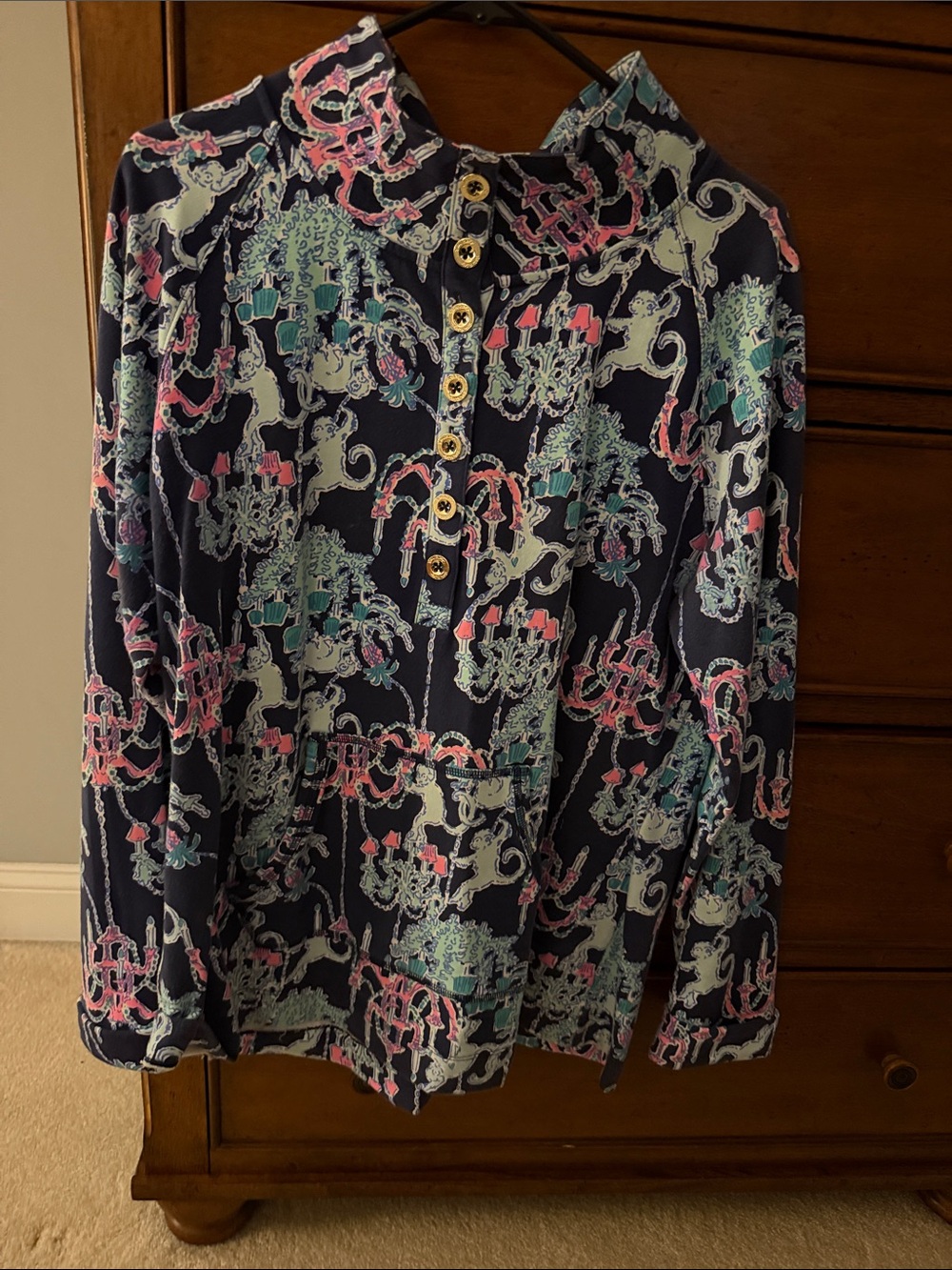 Lilly Pulitzer Navy Pullover with Pink & Mint Chandelier Print